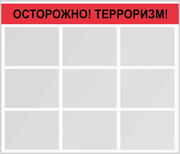 Стенд "Осторожно! Терроризм!" (140х120см, фон белый, текст красный, черный, серебряный профиль, 9 карманов ф А-3 плоских, горизонтальных).