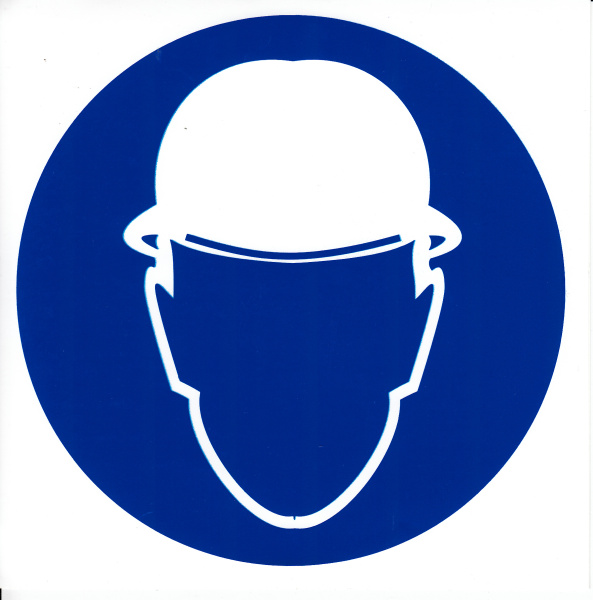 Самоклеющаяся табличка. (M 02). Работать в защитной каске (шлеме) (d200мм)