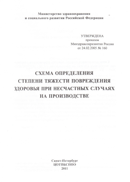 Схема определения степени тяжести повреждения здоровья при несчастных случаях на производстве. Утв. прик. Минздравсоцразвития России от 24.02.2005 № 160.
