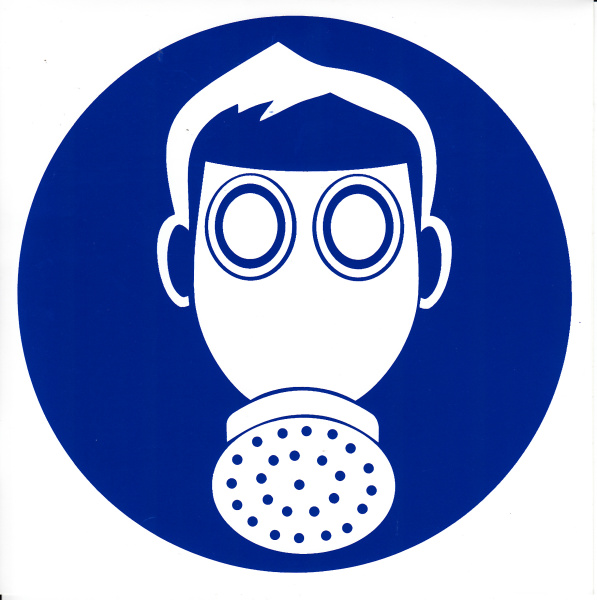Самоклеющаяся табличка. (M 04).  Работать в средствах индивидуальной защиты органов дыхания (d200мм)