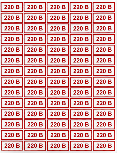 Самоклеющаяся табличка "Указатель напряжения - "220 В" (84 шт на листе, лист 230х250 мм) Самоклеющаяся табличка "Указатель напряжения - "220 В" (84 шт на листе, лист 230х250 мм)