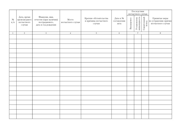 Журнал регистрации несчастных случаев с лицами, проходящими спортивную подготовку (приложение 5 к Порядку расследования и учета несчастных случаев, происшедших с лицами, проходящими спортивную подготовку, утв. прик. Минспорта России от 13.07.2016 № 808).