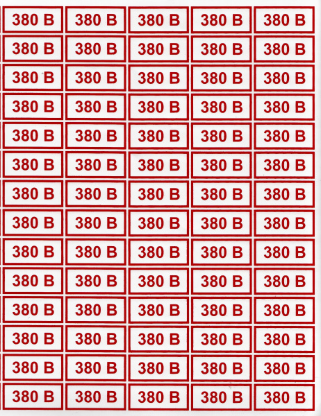 Самоклеющаяся табличка "Указатель напряжения - "380 В" (84 шт на листе, лист 230х250) Самоклеющаяся табличка "Указатель напряжения - "380 В" (84 шт на листе, лист 230х250)
